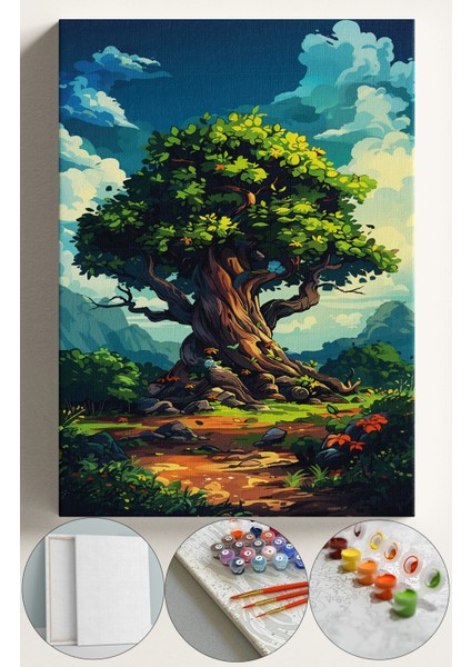 Sayılarla Boyama Seti Kasnaklı Boyalar ve Fırçalar Dahil 40X5CM Büyük Ağaç