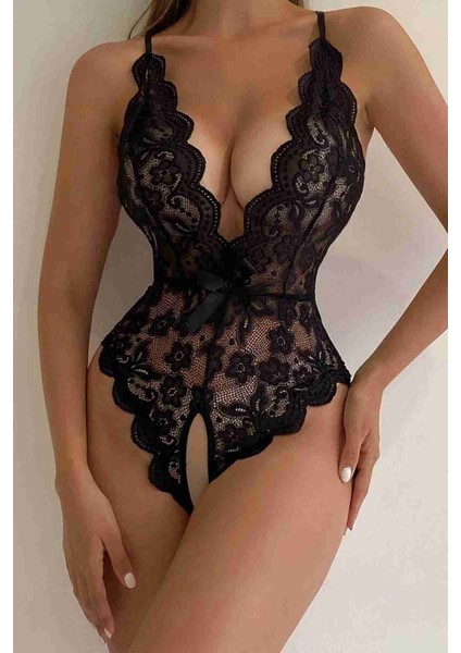 Mulvxley LEY02 Özel Bölgesi Açık Dantelli Siyah Babydoll TM1277 (Mulvix)