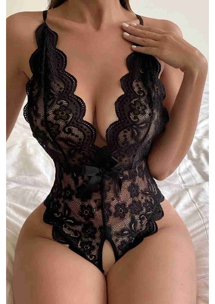 Mulvxley LEY02 Özel Bölgesi Açık Dantelli Siyah Babydoll TM1277 (Mulvix)