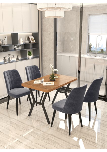 Pia 70x110 cm Atlantik Mutfak Masası, Masa Sandalye Takımı, Masa Takımı, 4 Gri Sandalye