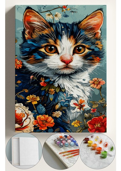 Sayılarla Boyama Çerçeveli Hobi Seti Numaralı Tuval Fırça Boya Dahil Kasnaklı 40X50 cm Gerçek Kedi