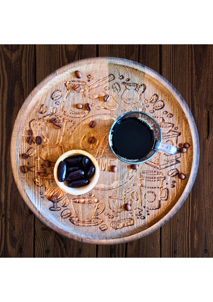 Coffee Time Temalı Ahşap Kahve Sunum Tepsisi