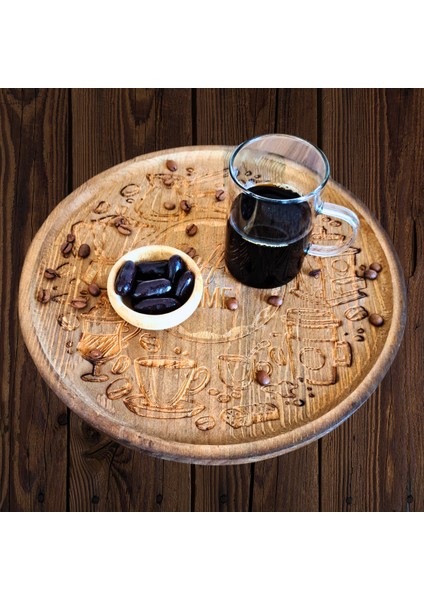 Coffee Time Temalı Ahşap Kahve Sunum Tepsisi modelleri