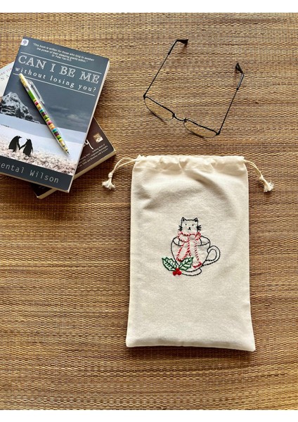 Nakışlı Kitap Kılıfı Ham Kumaş Kedi Motifli Kitap Sever Hediyesi