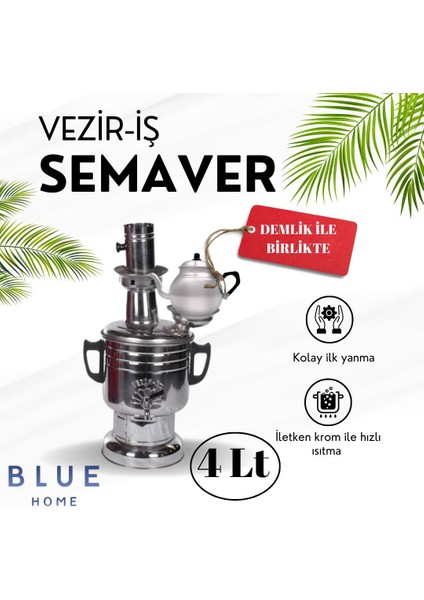 Demlikli Vezir Köprü Vezir -Iş Krom Çelik Paslanmaz Demlikli Semaver 4lt