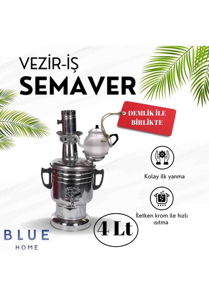 Demlikli Vezir Köprü Vezir -Iş Krom Çelik Paslanmaz Demlikli Semaver 4lt