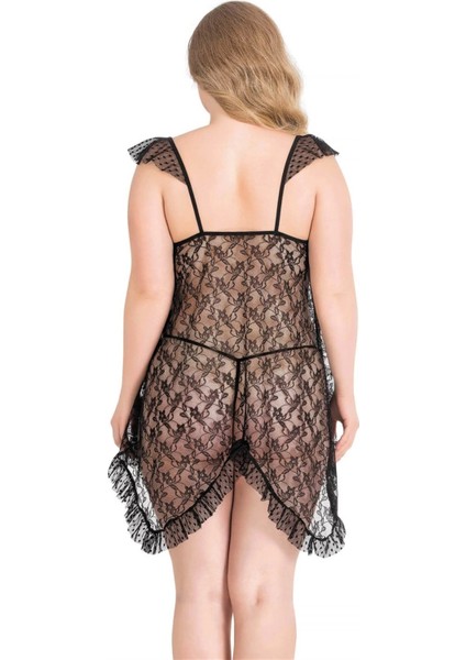 Aria's Closet Büyük Beden Siyah Kısa Tül Gecelik