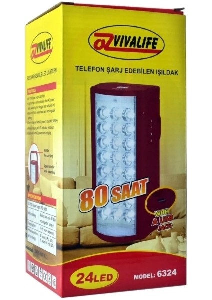 Telefon Şarj Edebilen Şarjlı Işıldak 24 LED USB 80 Saat Kesintisiz Işık