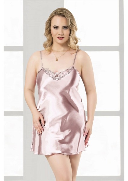 Aria's Closet Büyük Beden Somon Kısa Saten Gecelik