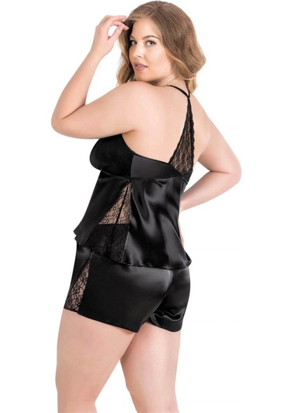 Aria's Closet Büyük Beden Siyah Saten Babydoll Şort Takımı