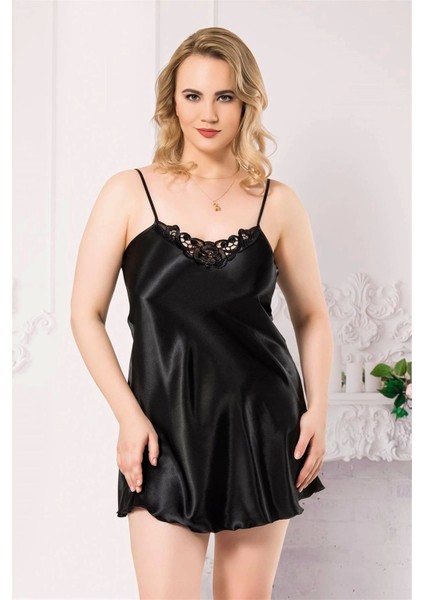 Aria's Closet Büyük Beden Siyah Kısa Saten Gecelik