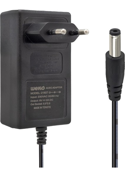 9 Volt - 2 Amper 5.5*2.5 Uçlu Yerli Üretim Plastik Kasa Priz Tipi Kutusuz Adaptör
