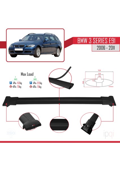 Bmw 3 Series E91 Touring 2006-2011 Arası ile Uyumlu Fly Model Ara Atkı Tavan Barı Siyah 2 Adet fırsatları