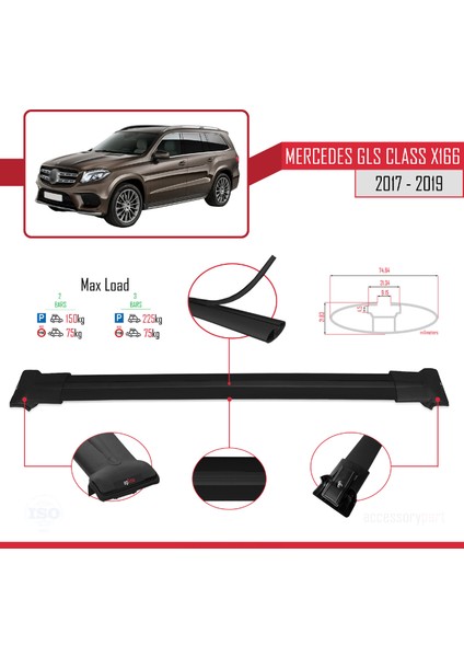 Mercedes Gls Class X166 2017-2019 Arası ile Uyumlu Fly Model Ara Atkı Tavan Barı Siyah 2 Adet fırsatları