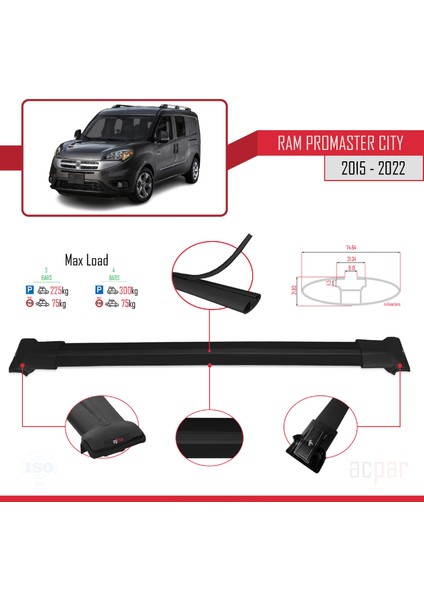 Ram Promaster City (636) 2015-2022 Arası ile Uyumlu Fly Model Ara Atkı Tavan Barı Siyah 3 Adet modelleri