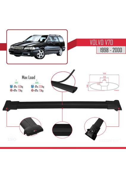 Volvo V70 1998-2000 Arası ile Uyumlu Fly Model Ara Atkı Tavan Barı Siyah 2 Adet fırsatları