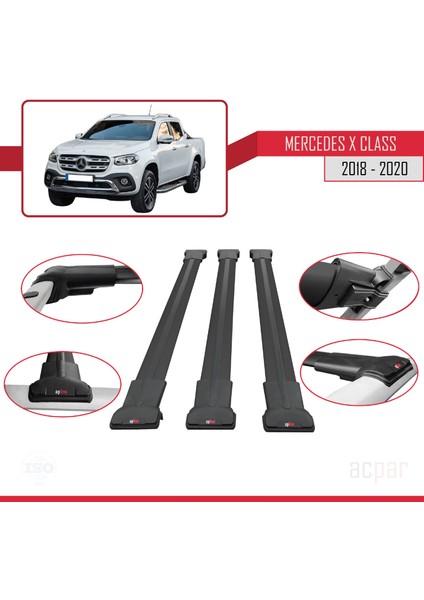 Mercedes x Class (470) 2018-2020 Arası ile Uyumlu Fly Model Ara Atkı Tavan Barı Siyah 3 Adet