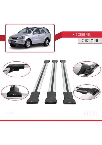 Kia Sorento (Bl) 2002-2009 Arası ile Uyumlu Fly Model Ara Atkı Tavan Barı Gri 3 Adet