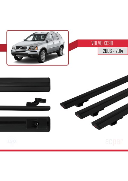 Volvo XC90 2003-2014 Arası ile Uyumlu Basıc Model Ara Atkı Tavan Barı Siyah 3 Adet