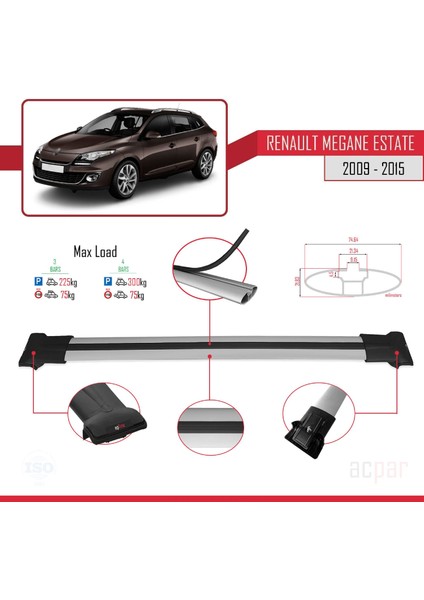 Renault Megane 3 St 2009-2015 Arası ile Uyumlu Fly Model Ara Atkı Tavan Barı Gri 3 Adet modelleri
