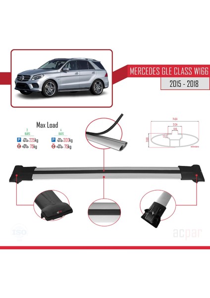 Mercedes Gle Class 3 (W166) 2015-2018 Arası ile Uyumlu Fly Model Ara Atkı Tavan Barı Gri 3 Adet modelleri