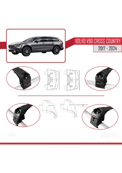 Volvo V90 Cross Country 2017-2024 Arası ile Uyumlu Ace-2 Model Ara Atkı Tavan Barı Siyah 2 Adet