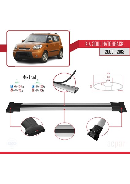 Kia Soul (Am) Hb 2009-2013 Arası ile Uyumlu Fly Model Ara Atkı Tavan Barı Gri 2 Adet