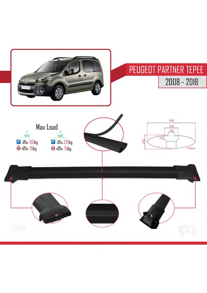 Peugeot Partner 2 Tepee 2008-2018 Arası ile Uyumlu Fly Model Ara Atkı Tavan Barı Siyah 2 Adet fırsatları