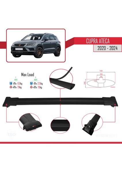 Cupra Ateca 2020-2024 Arası ile Uyumlu Fly Model Ara Atkı Tavan Barı Siyah 2 Adet fırsatları