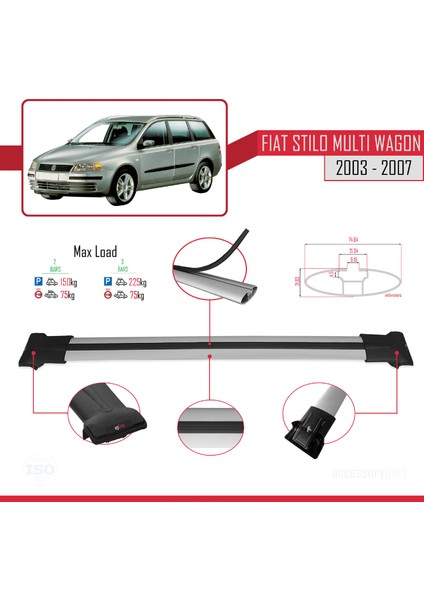 Fiat Stilo Multi Wagon 2003-2007 Arası ile Uyumlu Fly Model Ara Atkı Tavan Barı Gri 2 Adet fırsatları