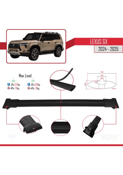 Lexus Gx 2024 ve Sonrası ile Uyumlu Fly Model Ara Atkı Tavan Barı Siyah 3 Adet modelleri