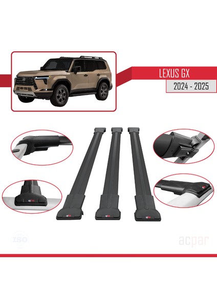 Lexus Gx 2024 ve Sonrası ile Uyumlu Fly Model Ara Atkı Tavan Barı Siyah 3 Adet fırsatları