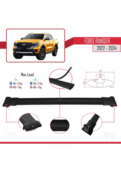 Ford Ranger (P703) 2022-2024 Arası ile Uyumlu Fly Model Ara Atkı Tavan Barı Siyah 2 Adet