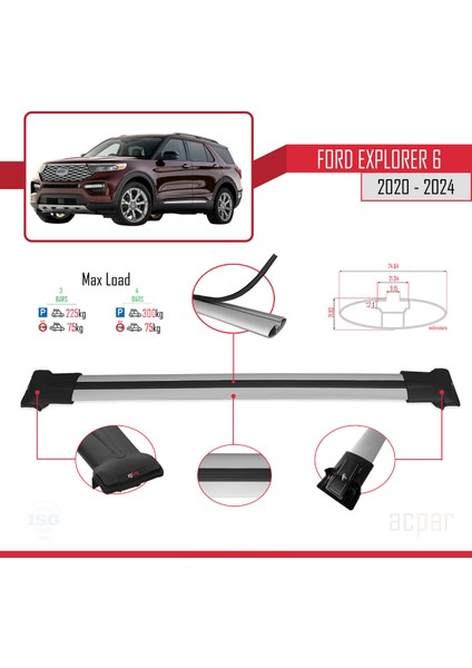 Ford Explorer 6 2020-2024 Arası ile Uyumlu Fly Model Ara Atkı Tavan Barı Gri 3 Adet