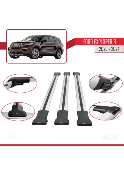 Ford Explorer 6 2020-2024 Arası ile Uyumlu Fly Model Ara Atkı Tavan Barı Gri 3 Adet