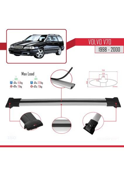 Volvo V70 1998-2000 Arası ile Uyumlu Fly Model Ara Atkı Tavan Barı Gri 2 Adet fırsatları