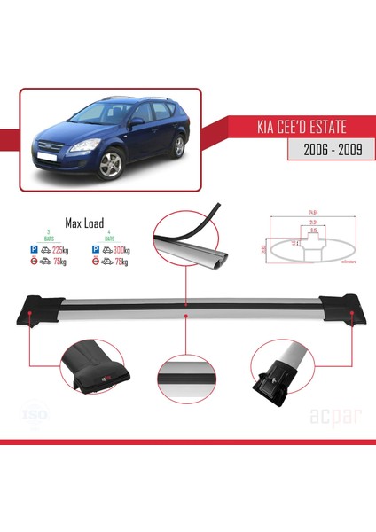 Kia Ceed (Ed) Sw Pre-Facelift 2006-2009 Arası ile Uyumlu Fly Model Ara Atkı Tavan Barı Gri 3 Adet modelleri