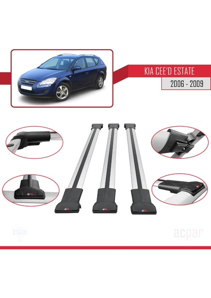 Kia Ceed (Ed) Sw Pre-Facelift 2006-2009 Arası ile Uyumlu Fly Model Ara Atkı Tavan Barı Gri 3 Adet fırsatları