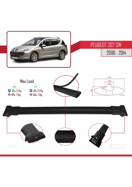 Peugeot 207 Sw 2006-2014 Arası ile Uyumlu Fly Model Ara Atkı Tavan Barı Siyah 3 Adet modelleri