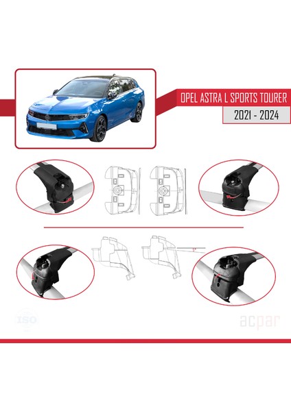 Opel Astra L Sports Tourer 2021-2024 Arası ile Uyumlu Ace-2 Model Ara Atkı Tavan Barı Gri 2 Adet