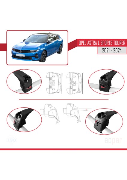 Opel Astra L Sports Tourer 2021-2024 Arası ile Uyumlu Ace-2 Model Ara Atkı Tavan Barı Siyah 2 Adet