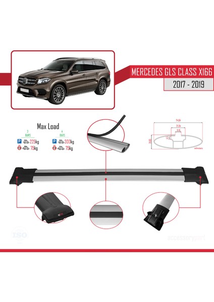 Mercedes Gls Class X166 2017-2019 Arası ile Uyumlu Fly Model Ara Atkı Tavan Barı Gri 3 Adet modelleri