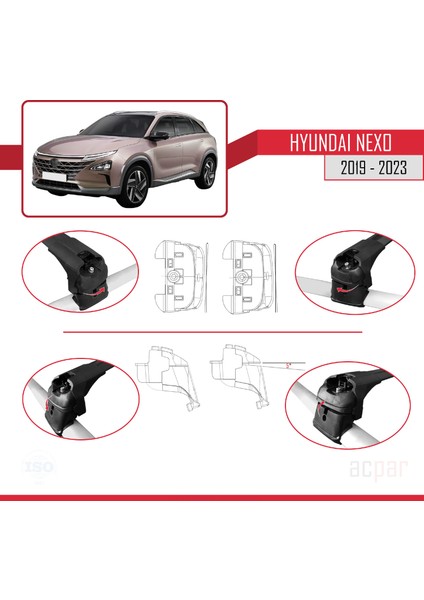 Hyundai Nexo 2019-2023 Arası ile Uyumlu Ace-2 Model Ara Atkı Tavan Barı Siyah 2 Adet