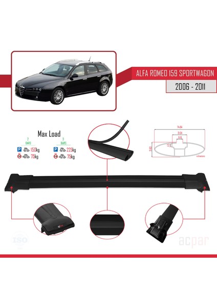 Alfa Romeo 159 (T939) Sw 2006-2011 Arası ile Uyumlu Fly Model Ara Atkı Tavan Barı Siyah 2 Adet modelleri