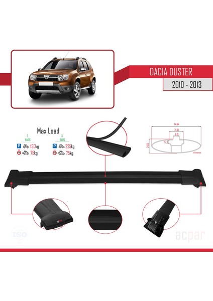 Dacia Duster (Hs) Pre-Facelift 2010-2013 Arası ile Uyumlu Fly Model Ara Atkı Tavan Barı Siyah 2 Adet fırsatları