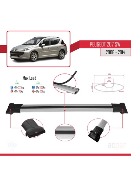 Peugeot 207 Sw 2006-2014 Arası ile Uyumlu Fly Model Ara Atkı Tavan Barı Gri 3 Adet modelleri
