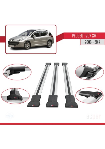 Peugeot 207 Sw 2006-2014 Arası ile Uyumlu Fly Model Ara Atkı Tavan Barı Gri 3 Adet fırsatları