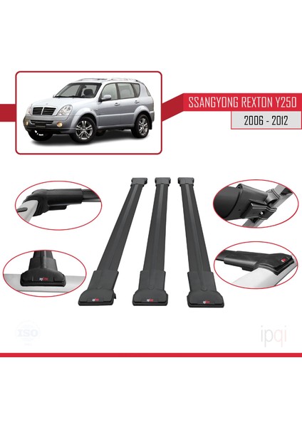 Ssangyong Rexton (Y250) 2006-2012 Arası ile Uyumlu Fly Model Ara Atkı Tavan Barı Siyah 3 Adet fırsatları