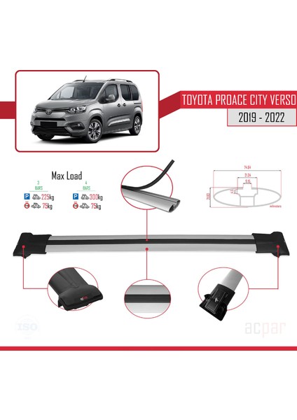 Toyota Proace City Verso 2019-2022 Arası ile Uyumlu Fly Model Ara Atkı Tavan Barı Gri 3 Adet modelleri