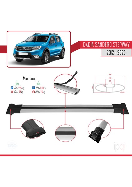 Dacia Sandero Stepway 2 2012-2020 Arası ile Uyumlu Fly Model Ara Atkı Tavan Barı Gri 3 Adet modelleri